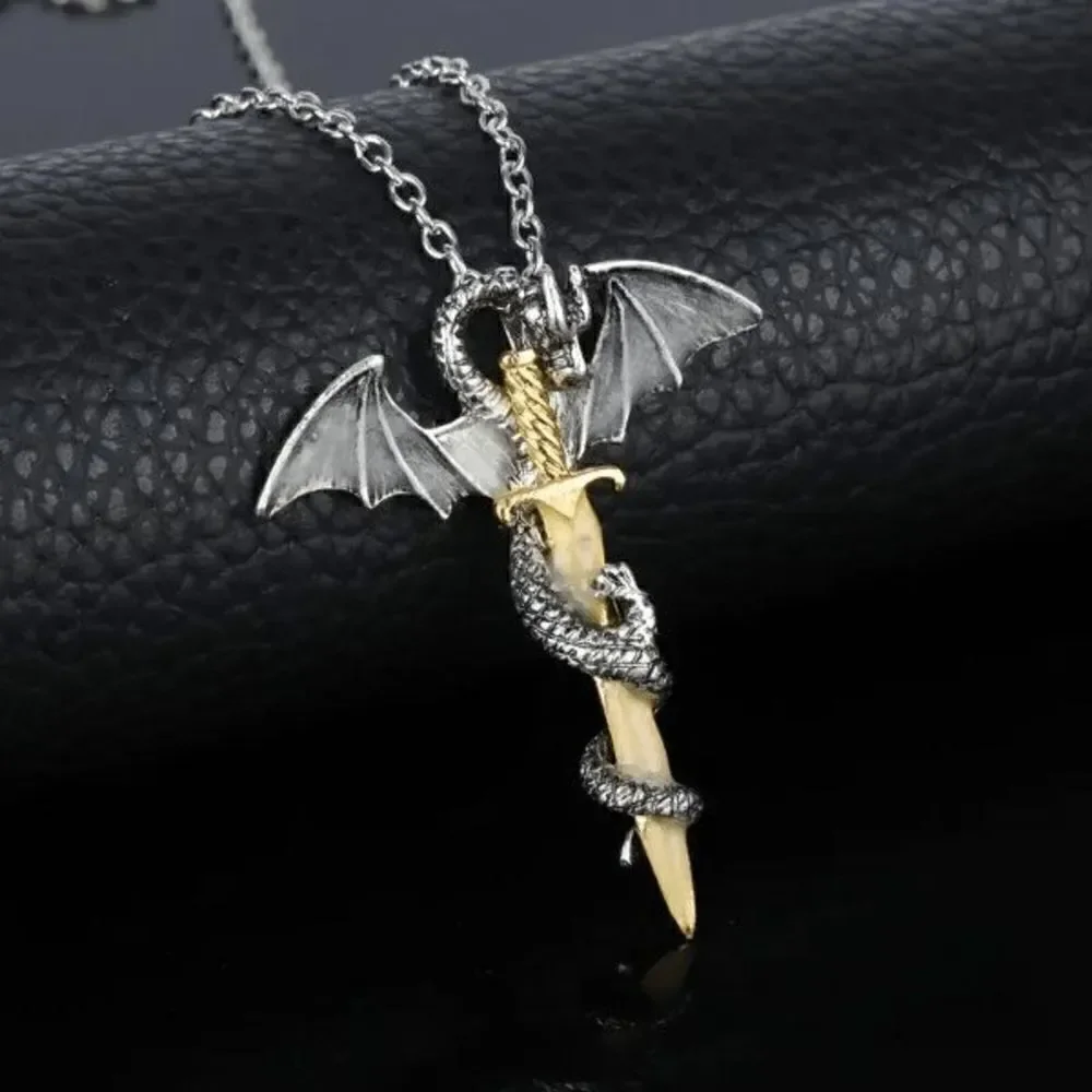 Flying Dragon Golden Sword Stainless Steel Pendant Necklace